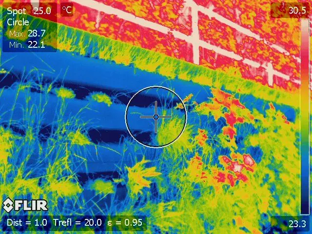 Wärmebild einer bepflanzten vertikalen Fläche mit sichtbaren Temperaturunterschieden
